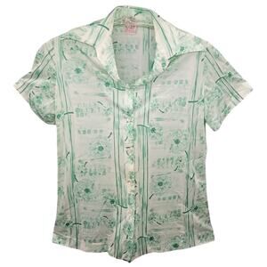 Vintage Graff Green Floral Short Sleeve Blouse Single Stitch Button Down‎ Top